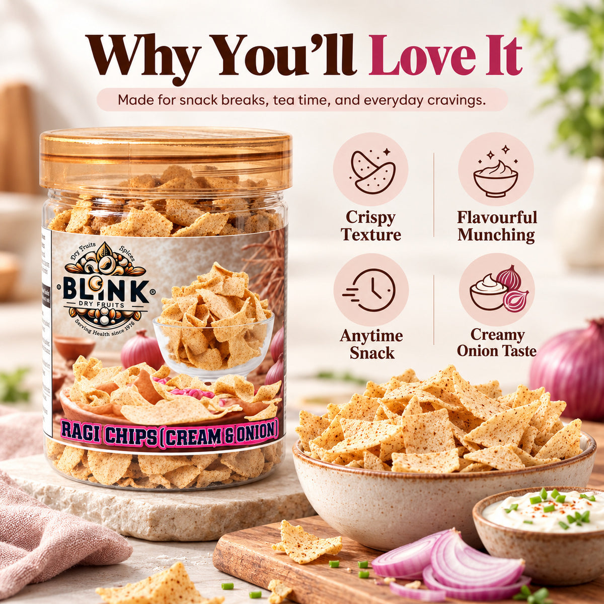 BLINK Ragi Chips Cream & Onion – crispy texture, creamy onion taste