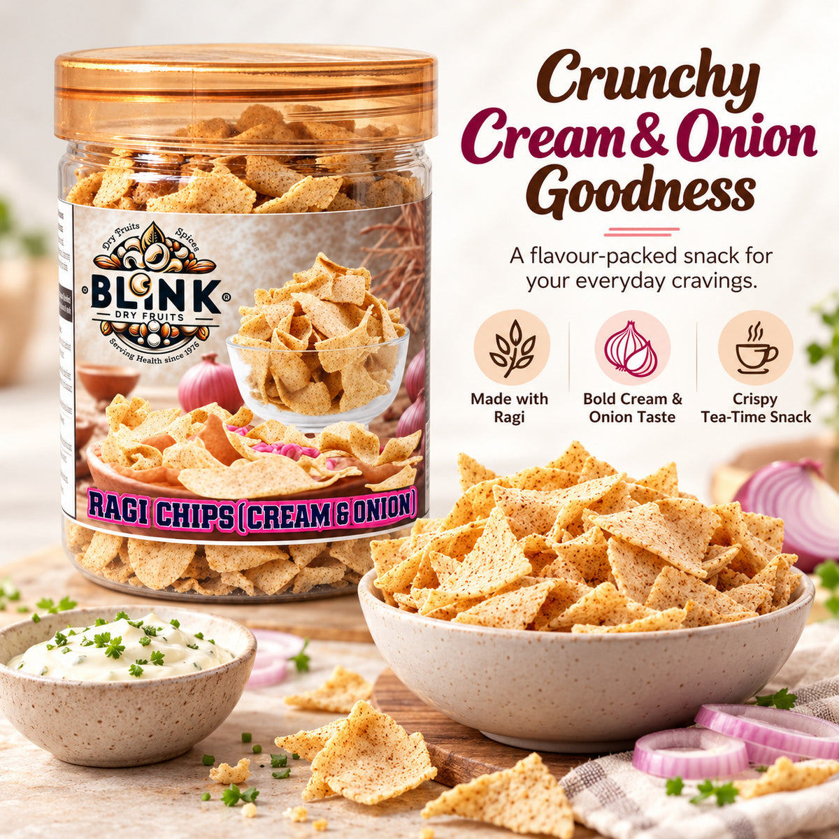 BLINK Ragi Chips Cream & Onion served in a bowl