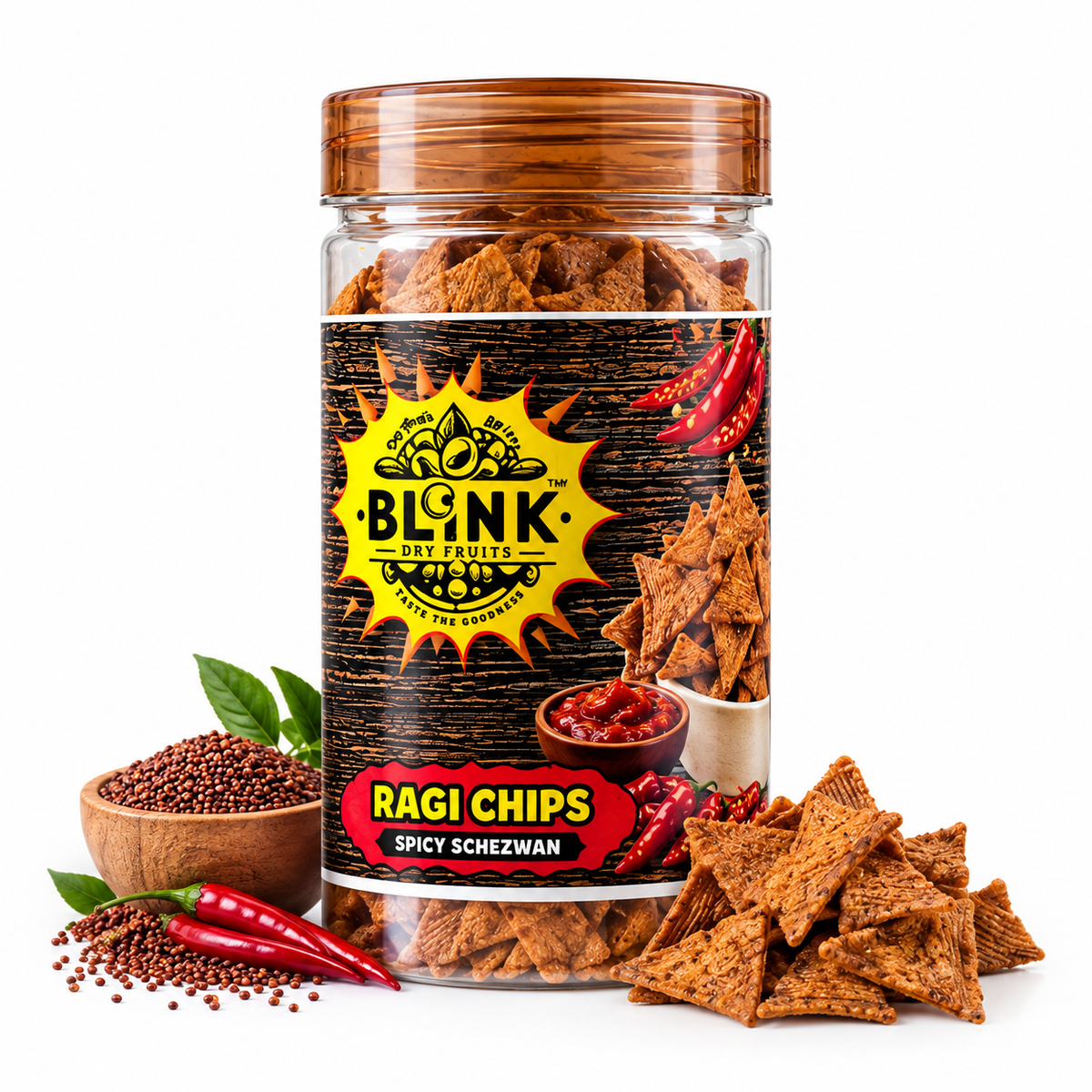 Blink Spicy Schezwan Ragi Chips 150g jar
