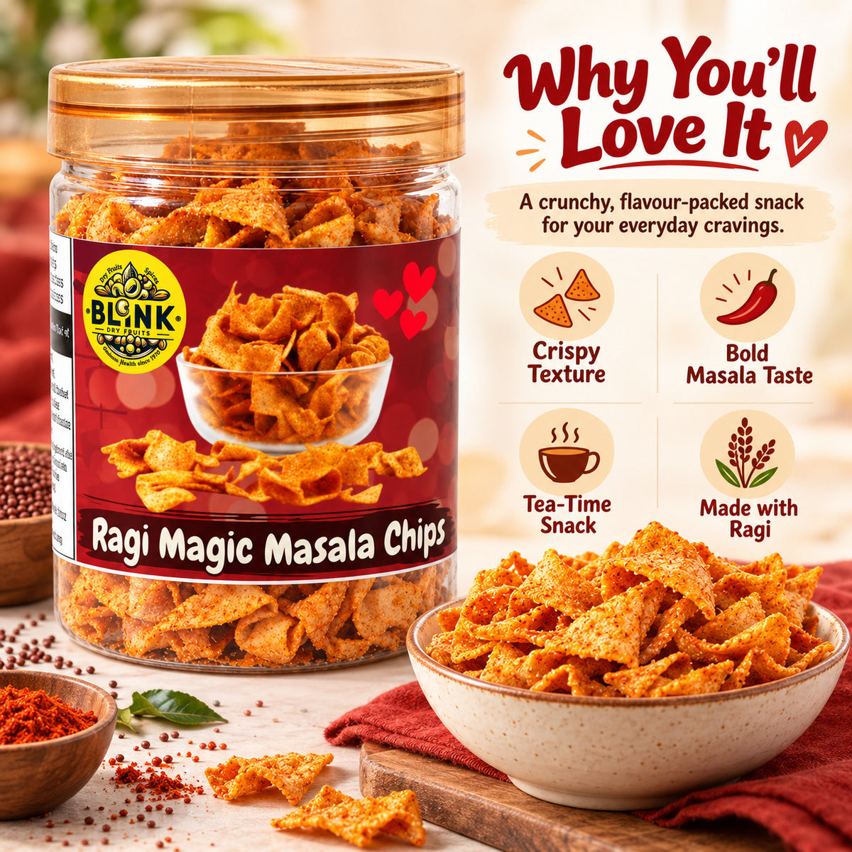 BLINK Ragi Magic Masala Chips served in a bowl