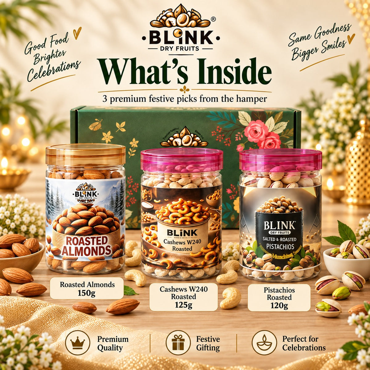 Festive Party Hamper – what's inside: Roasted Almonds 150g, Cashews W240 Roasted 125g, Pistachios Roasted 120g