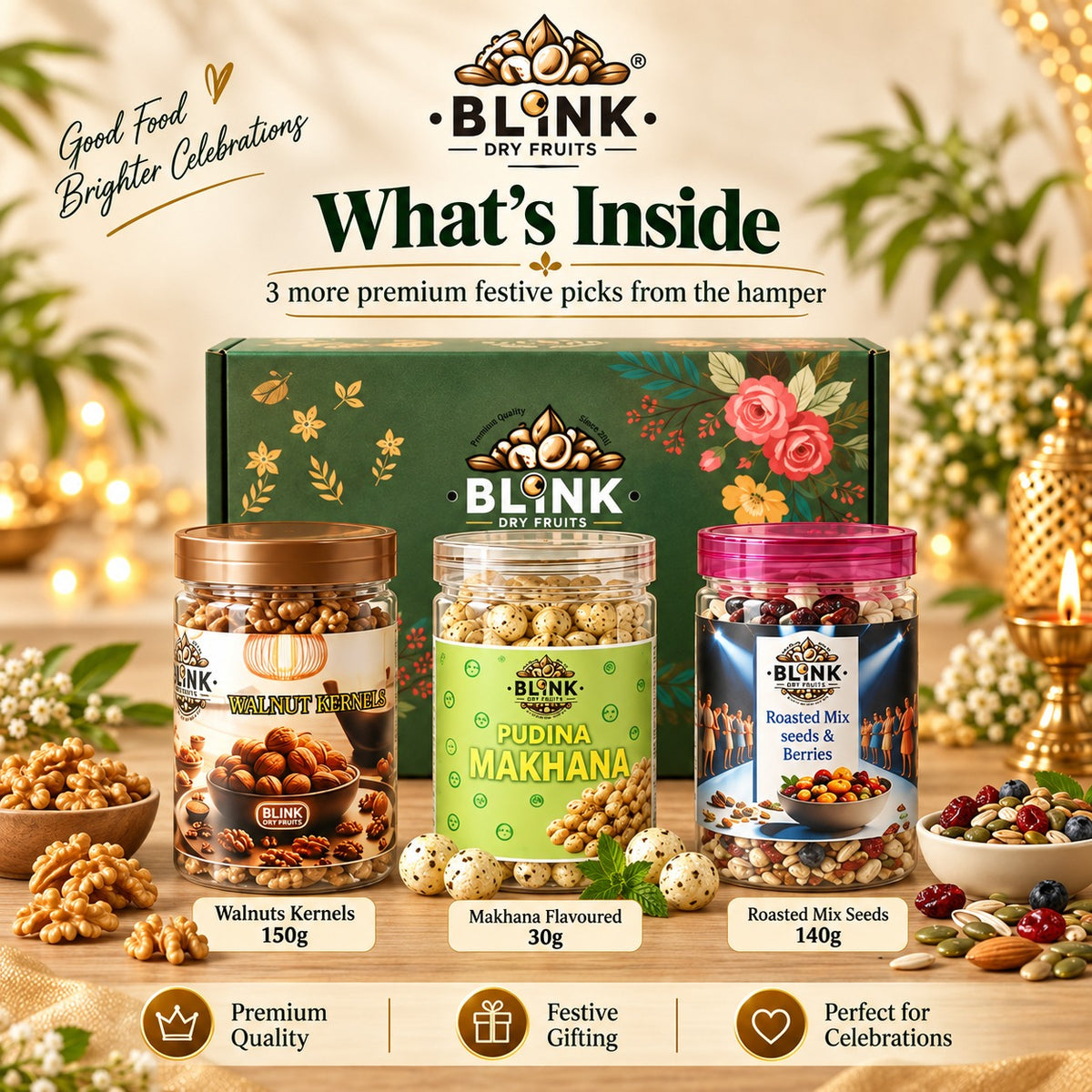 Festive Party Hamper – what's inside: Walnut Kernels 150g, Pudina Makhana 30g, Roasted Mix Seeds 140g